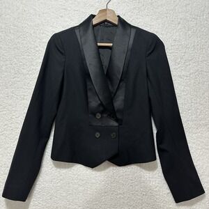 Theory Cornow Tailor Wool Blend Black Women's Crop Double Breasted Blazer Size 2